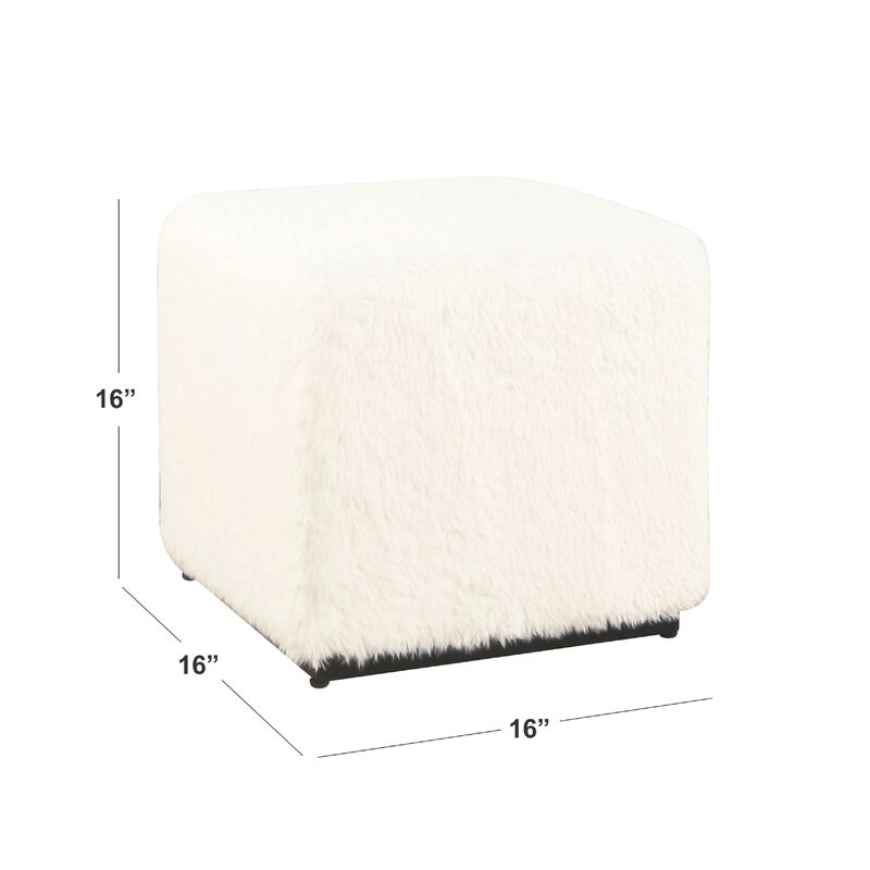 Lev Accent Ottoman, Square Cube SIlhouette with White Faux Fur 16 Inch - Benzara