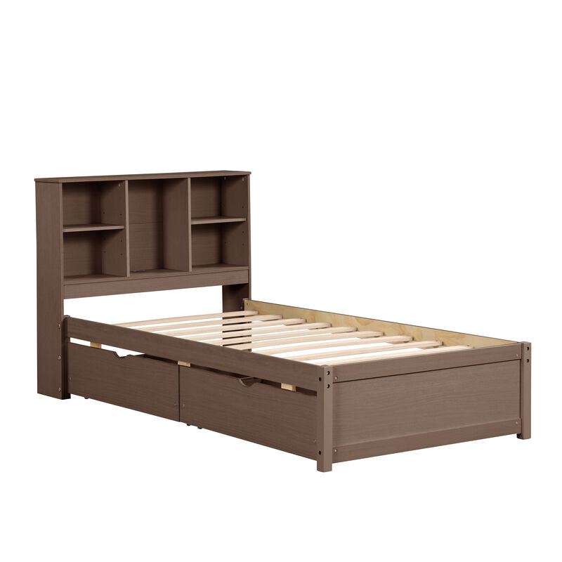 Stylish Bed Frame with USB Ports, Headboard with Bookcase & 2 Storage Drawers for Bedroom