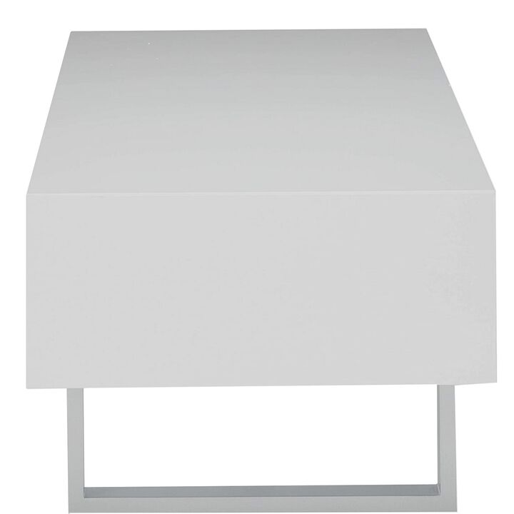 Contemporary Storage Coffee Table With Metallic Base, Glossy White-Benzara