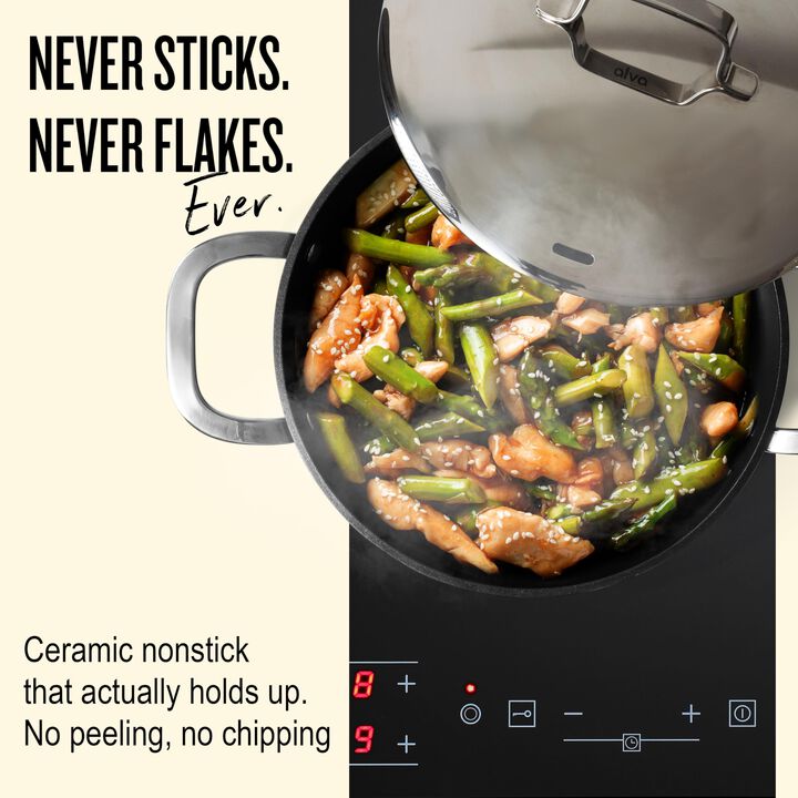 Alva Maestro Ceramic Nonstick Saute Pan Skillet with Lid 9.5" 3.5 Qt. Stay Cool Handle, Scratch Resistant Healthy Cooking Pan, Non Toxic, Compatible with All Stovetops, Oven Safe, Induction Safe