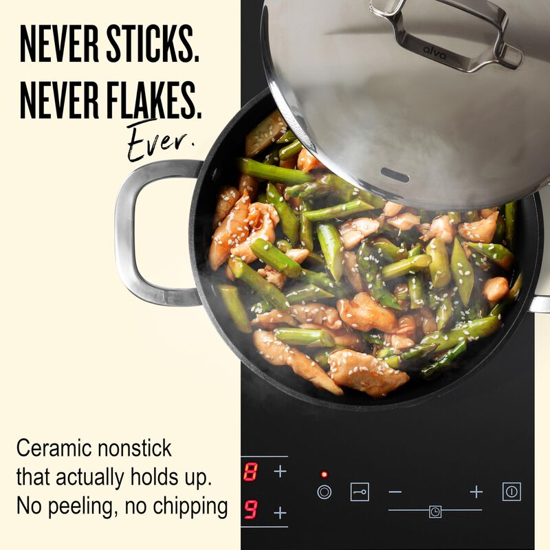 Alva Maestro Ceramic Nonstick Saute Pan Skillet with Lid 9.5" 3.5 Qt. Stay Cool Handle, Scratch Resistant Healthy Cooking Pan, Non Toxic, Compatible with All Stovetops, Oven Safe, Induction Safe