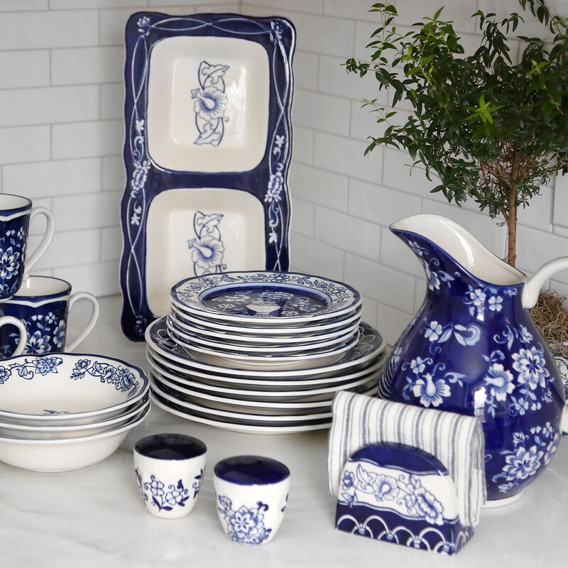 Blue Garden Stoneware Pitcher &mdash; Blue and White Floral Water / Juice / Sangria Server