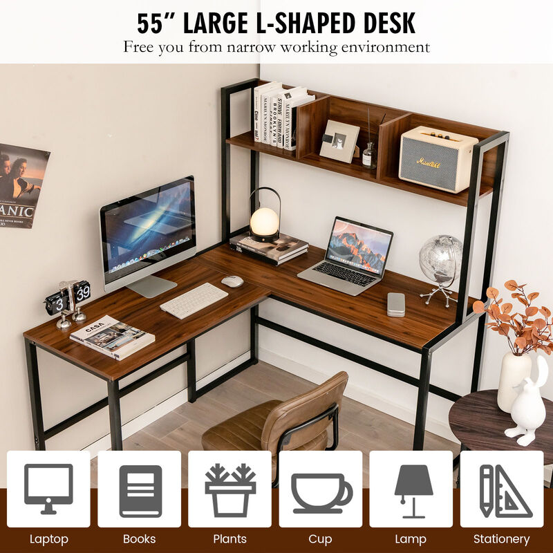 Reversible L-Shaped Corner Desk with Storage Bookshelf