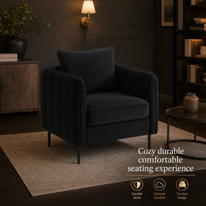 GOODSILO Mid-Century Modern Velvet Accent Chair Comfy Single Armchair with Pillow and Metal Legs for Living Room Bedroom Office image number 4