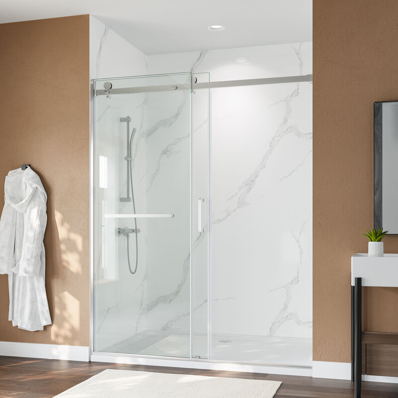 Brushed Nickel Aluminum Shower Door, Reversible Installation with Safety Glass & Towel Bar