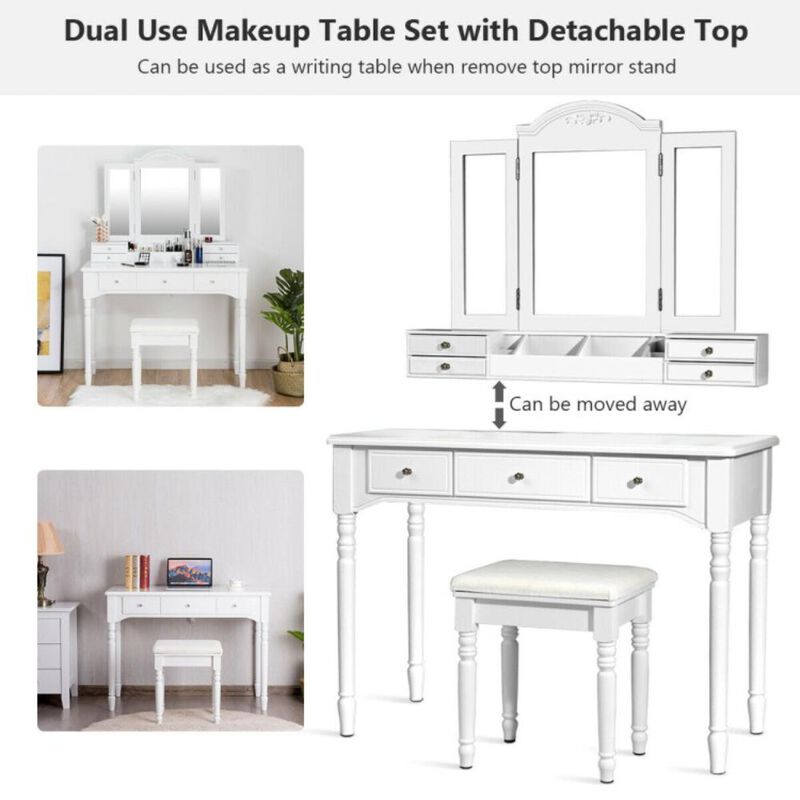Hivvago Makeup Dressing Table with Tri-Folding Mirror and Cushioned Stool for Women