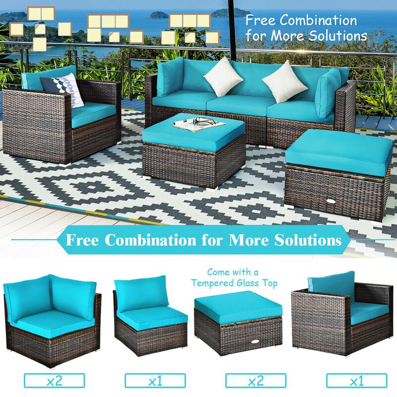 6 Pcs Patio Rattan Furniture Set with Sectional Cushion