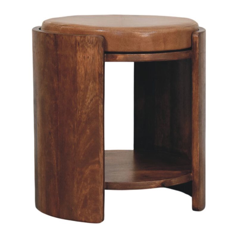 Artisan Furniture Solid Wood Savoy Leather Stool, 1 Open Shelf, Brown image number 2