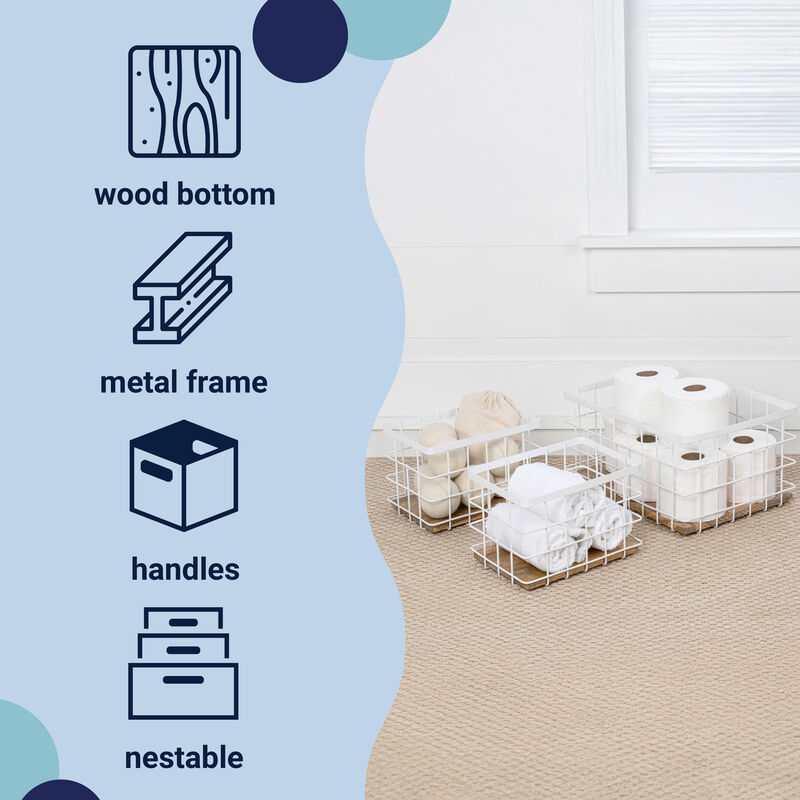 Evvie Vintage Farmhouse Handmade Wire Metal Nesting Storage Baskets with Wood Base image number 2