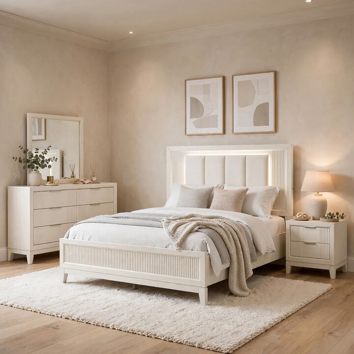 Toi 4pc Queen Bedroom Set w Dresser Mirror, Fluted LED, White Upholstery