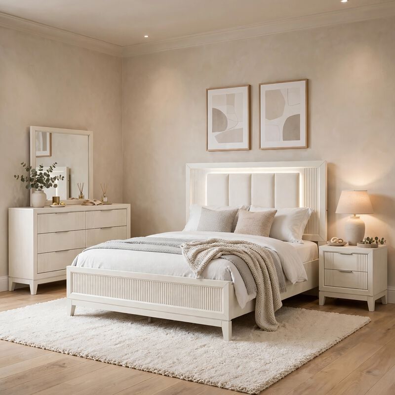 Toi 4pc Queen Bedroom Set w Dresser Mirror, Fluted LED, White Upholstery image number 1