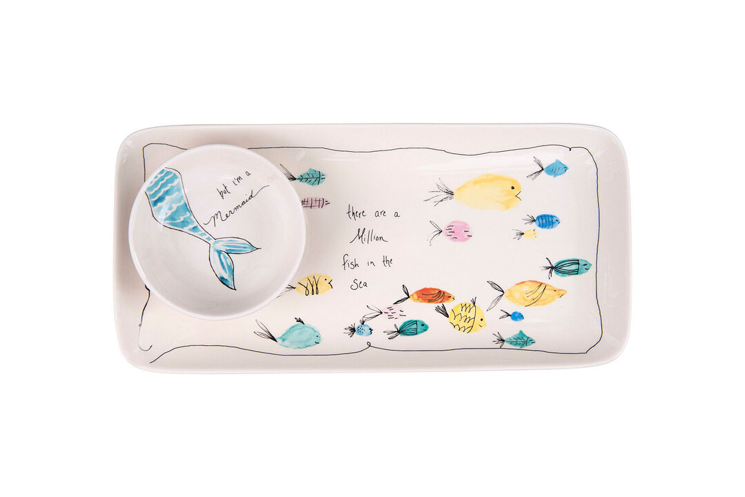 Coastal Stoneware Serving Platter and Dip Dish with Mermaid and Sea Life Illustrations, Multicolor