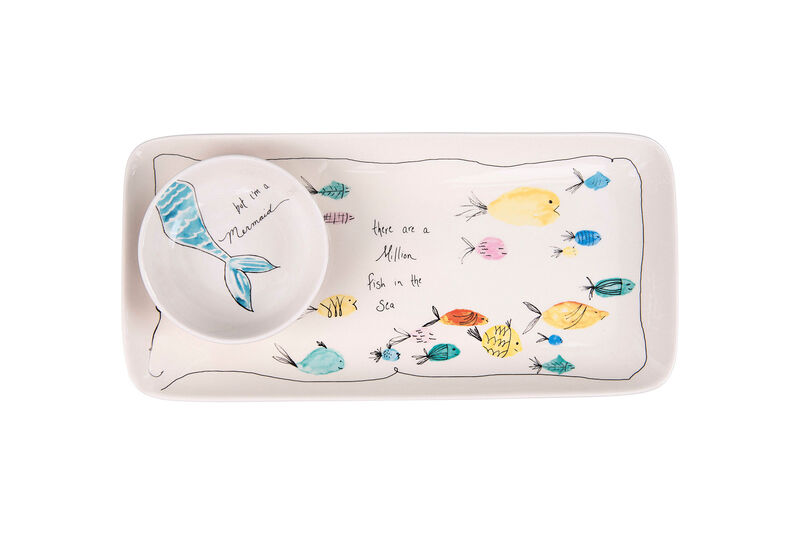 Coastal Stoneware Serving Platter and Dip Dish with Mermaid and Sea Life Illustrations, Multicolor image number 0