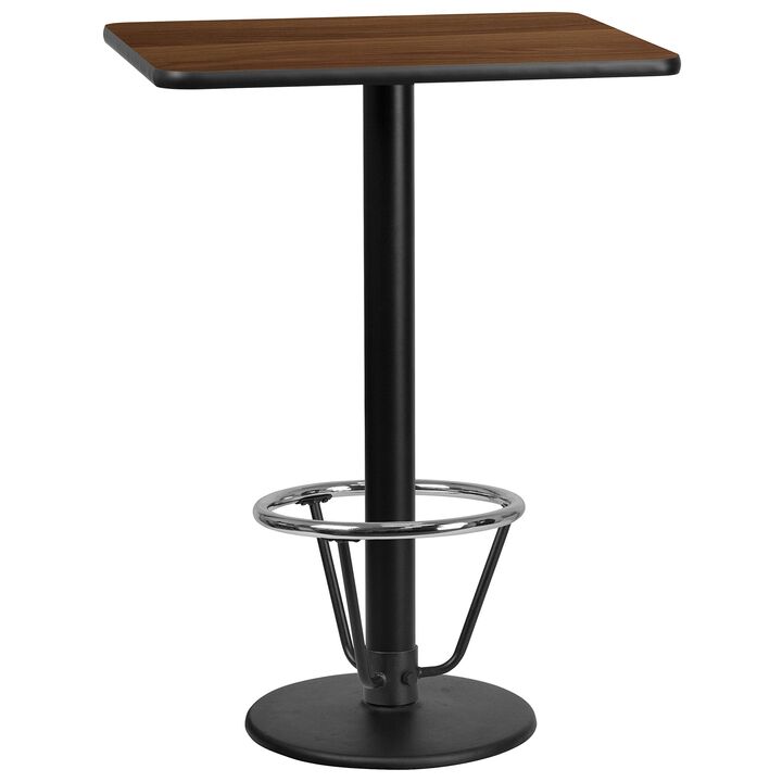 Flash Furniture 24'' x 30'' Rectangular Walnut Laminate Table Top with 18'' Round Bar Height Table Base and Foot Ring