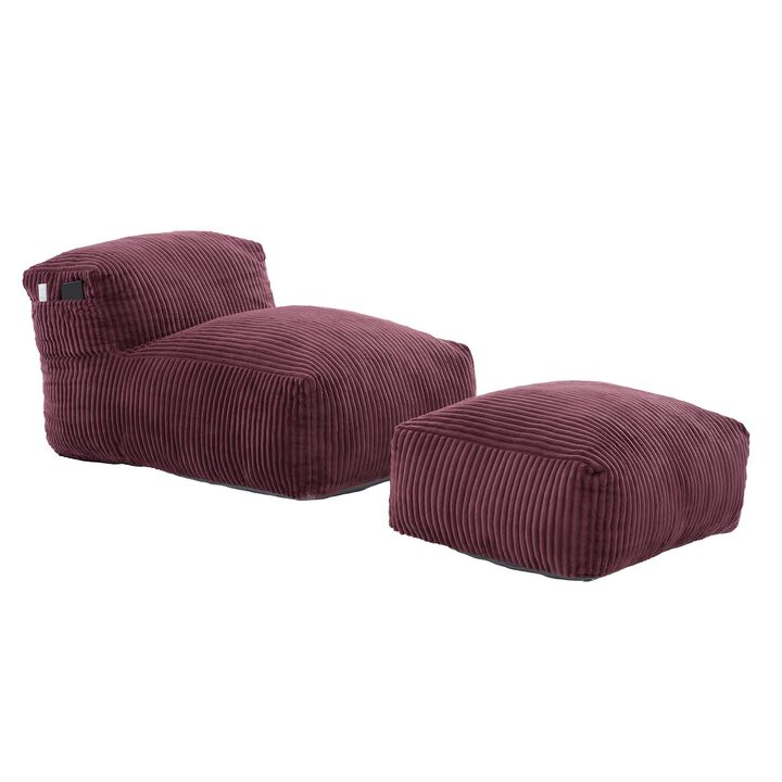 Large Bean Bag Chair for Adults with Ottoman, Soft Corduroy Bean Bag Sofa, Ergonomic Lounger for Living Room, Bedroom, Dorm & Balcony