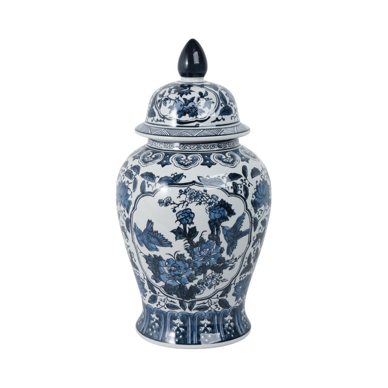 Cer, 18"h Flowers Temple Jar, Blue image number 3