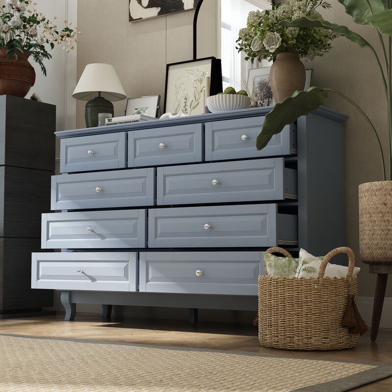 FUFU&GAGA Nine-Drawer Dresser, P2 MDF Construction, Solid Wood Legs, (55.1"W x 15.7"D x 37"H), Light Blue