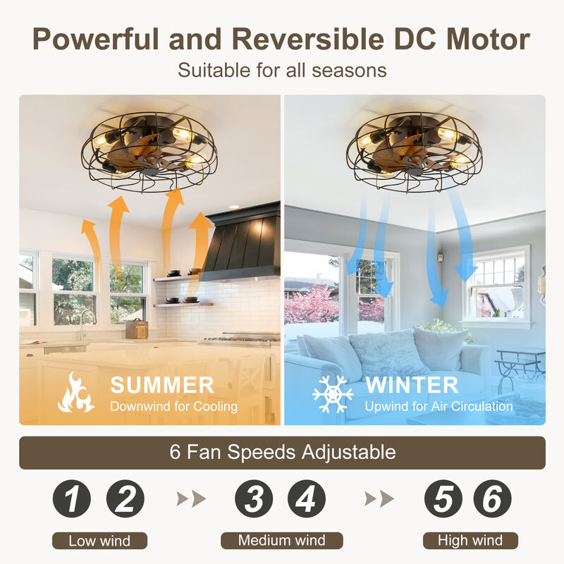 Breezary 18.5" Industrial Caged Ceiling Fan with Light,4 E26 Bulbs Required,6 Speed Remote,Reversible,Timer,Quiet,7 Blades image number 4