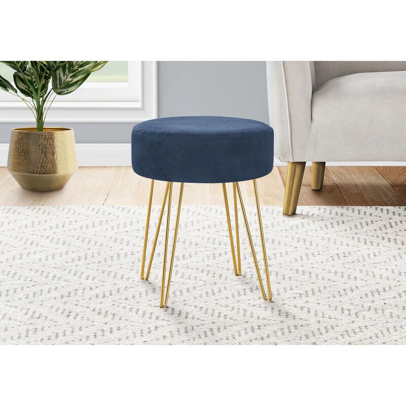 Ottoman, Pouf, Footrest, Foot Stool, 14 Round, Blue Fabric, Gold