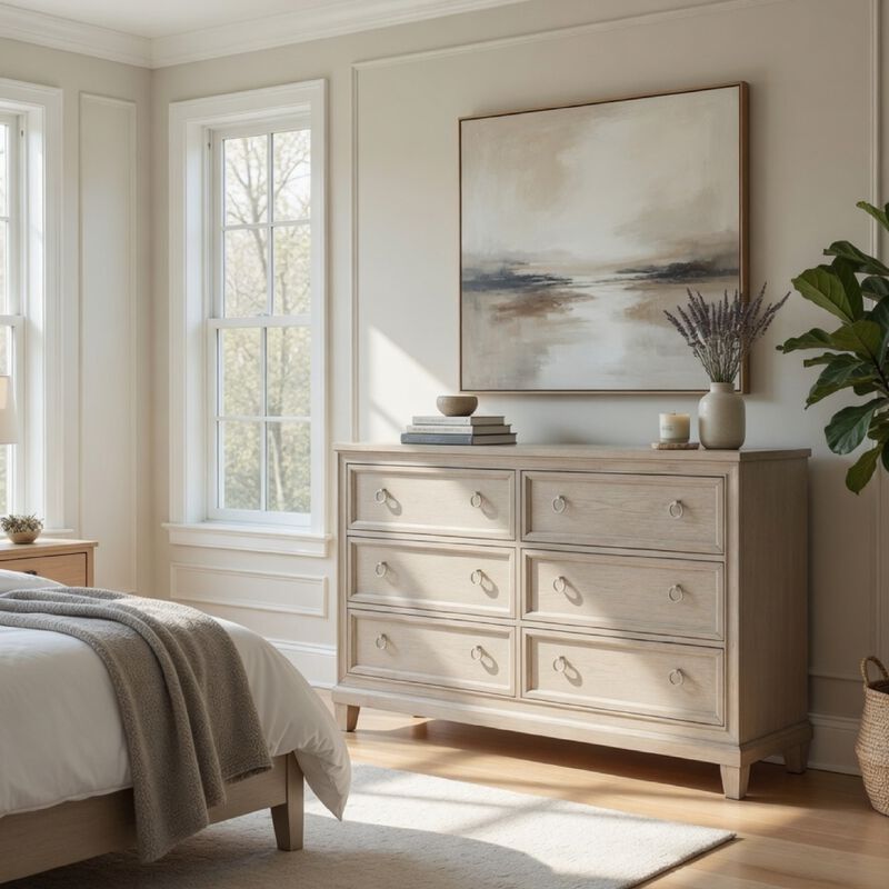 Kylie Wide Dresser with 6 Drawers, Stepped Trim, Washed Oak Wood image number 1