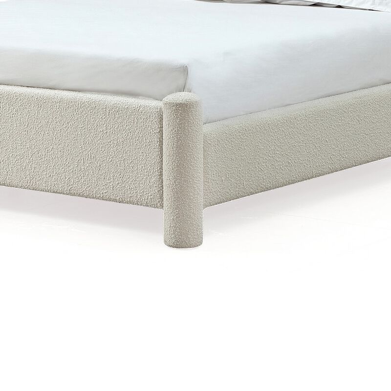 Kizo King Size Platform Bed, Cream Boucle Fabric, Panel Headboard, Slats - Benzara