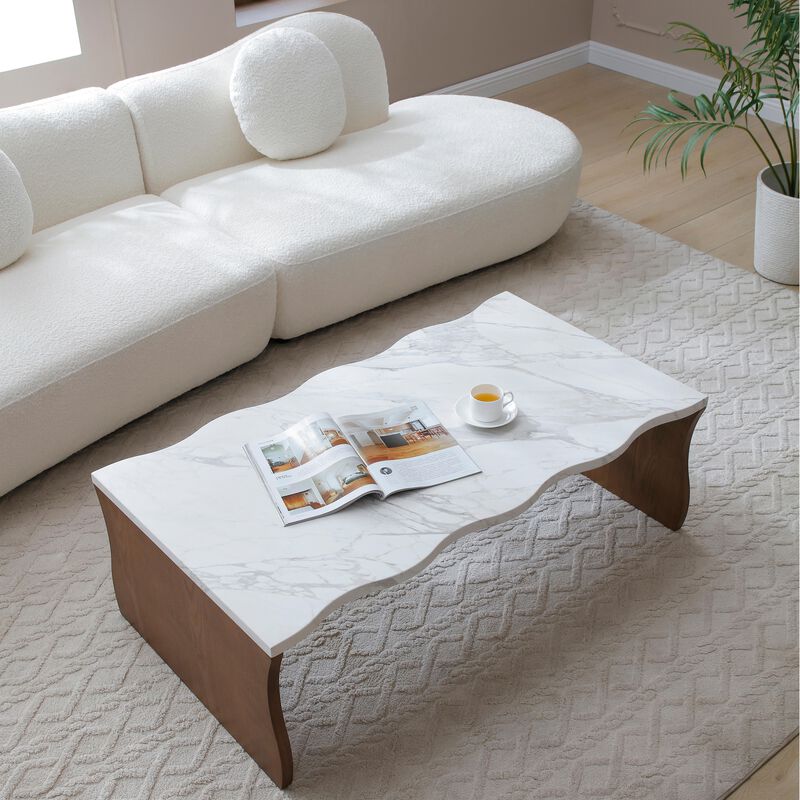 Whisper of Waves Modern Coffee Table with Faux Marble Top & Wood Tone Base image number 3