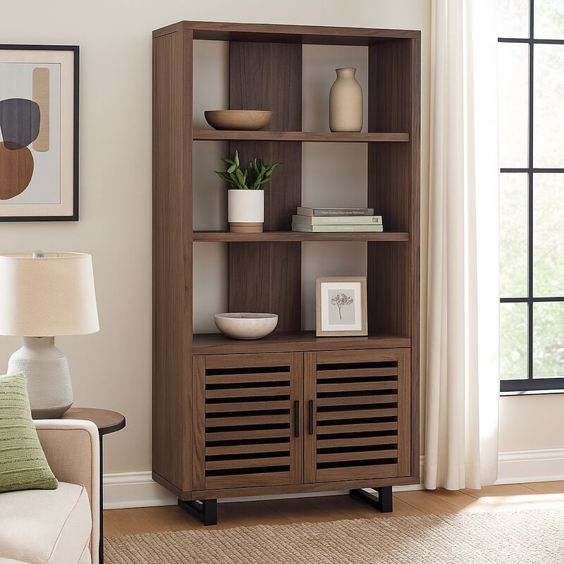 Doxx Bookcase, Slatted Cabinet, Black Open Frame Legs, Walnut Brown - Benzara