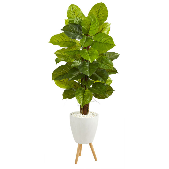 HomPlanti 60" Large Leaf Philodendron Artificial Plant in White Planter with Stand (Real Touch)