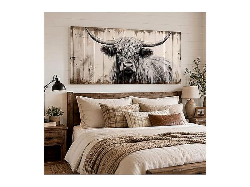Highland Cow Canvas Wall Art Rustic Black White Decor Large Farmhouse Animal image number 3