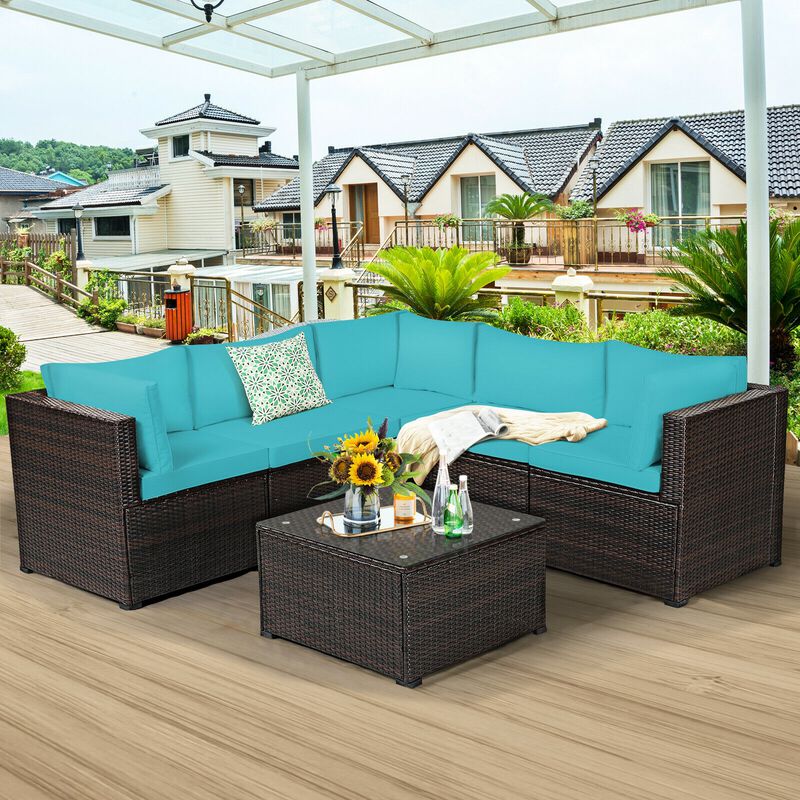 6 Pieces Patio Rattan Furniture Set Sectional Cushioned Sofa Deck image number 1