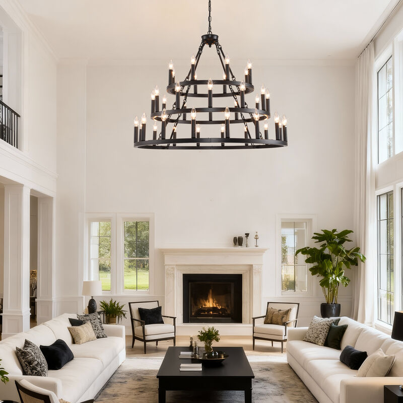 ELEMENT ACE 3-Tier Wagon Wheel 36-Light Adjustable Height Chandelier Hanging Light Fixture for High Ceiling Living Dining Room Foyer Entryway Kitchen Island Bar image number 7