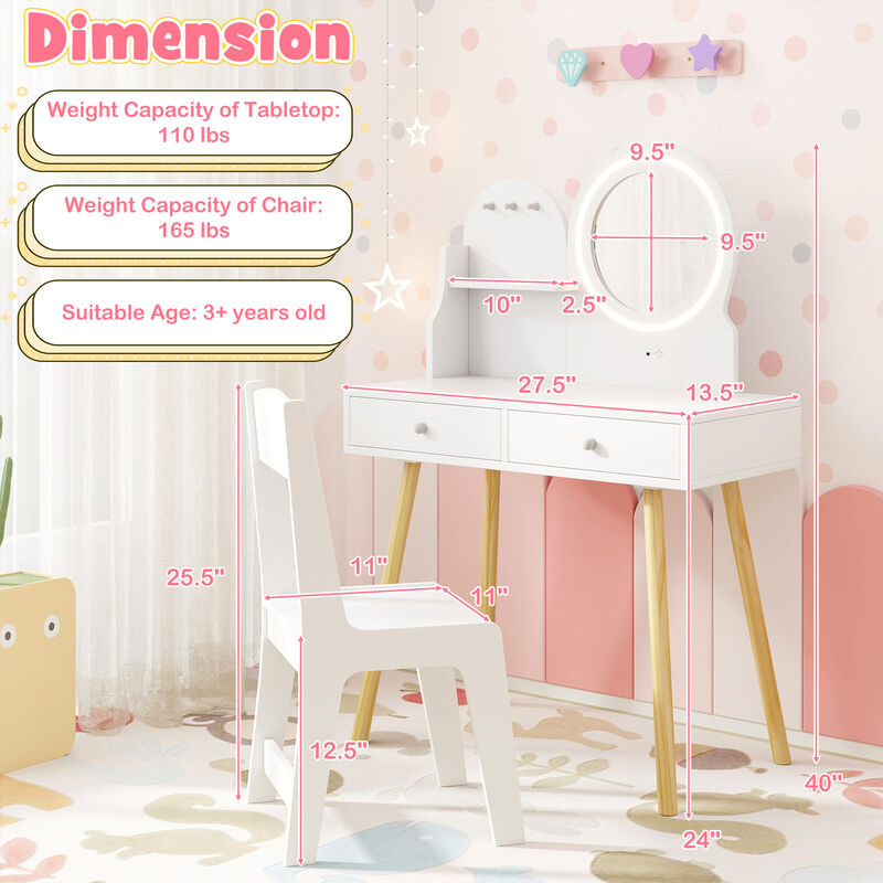 Kids Princess Makeup Dressing Desk and Chair Set with Mirror and Lights image number 4