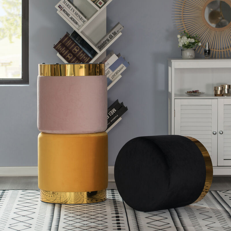 Modern Round Velvet Fabric Standard Ottoman Stool with Gold Base, Dark Green