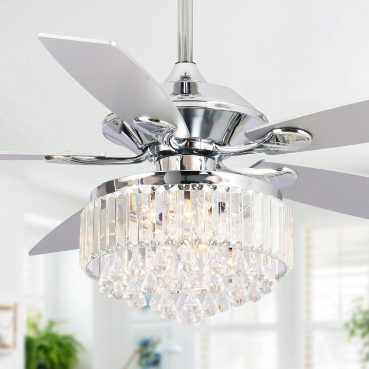52" Modern Chrome Crystal Indoor Ceiling Fan Chandelier with Remote