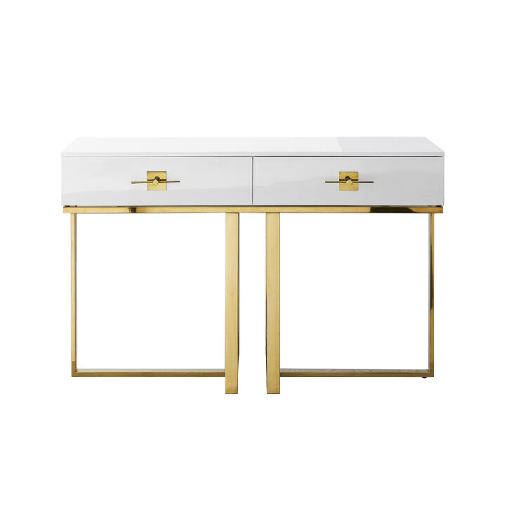 HomeRoots 47" White Wood and Gold Stainless Steel Sled Console Table With Two Drawers