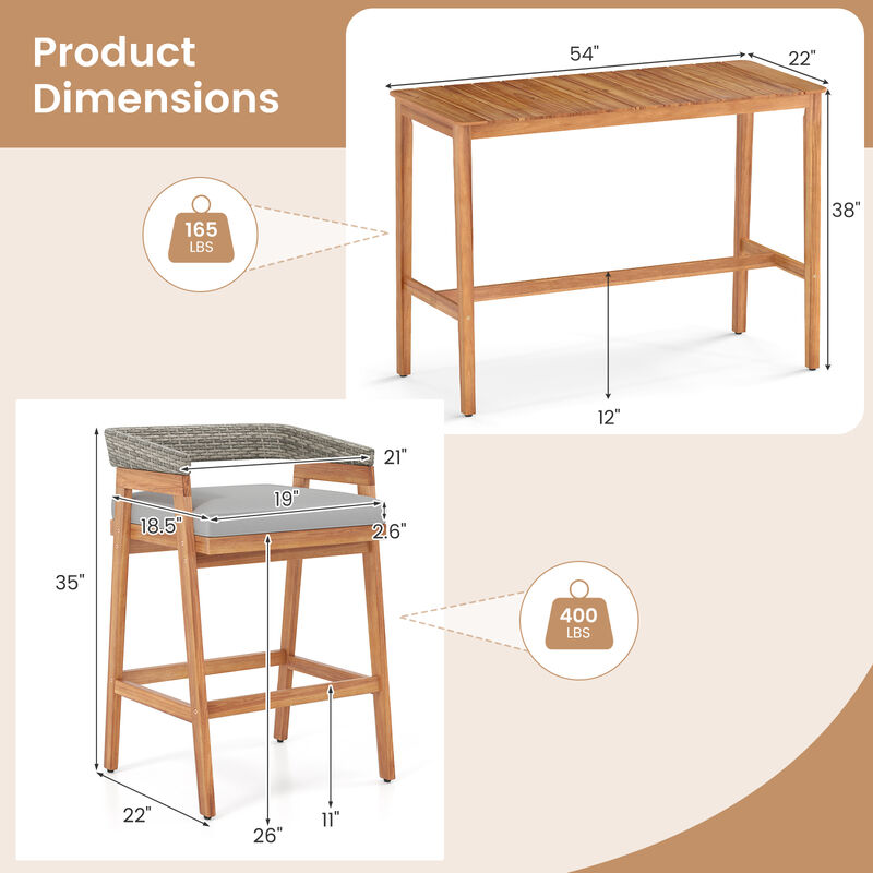 3-Piece Patio Counter Height Bar Set with 2 Cushioned Barstools for Outdoor Comfort