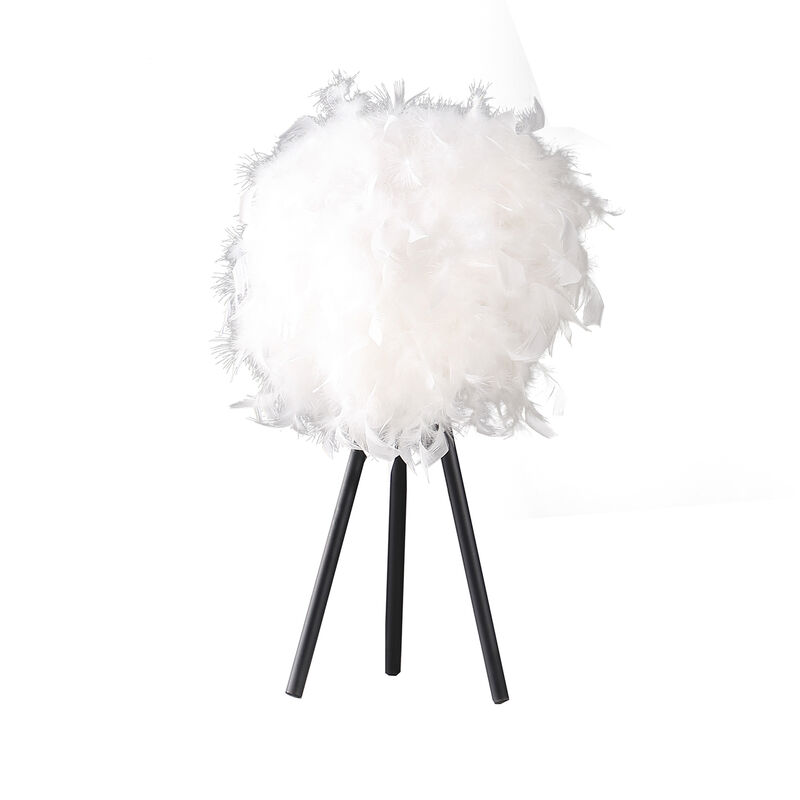 Rio 21 Inch Accent Table Lamp, White Feather Shade, Black Metal Tripod Base - Benzara