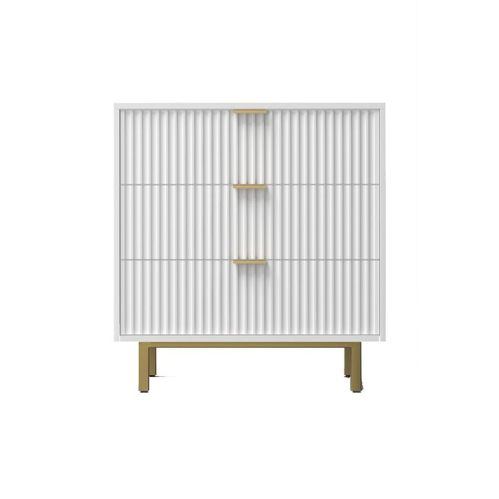 Beth 34 Inch 3 Drawer Small Dresser Chest, Mahogany Wood, White, Gold - Benzara