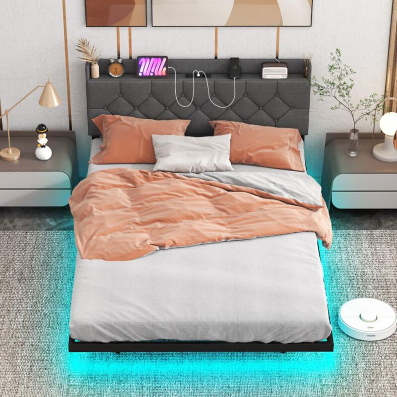 Hivvago Floating Bed Frame with LED and Headboard and Charging Station