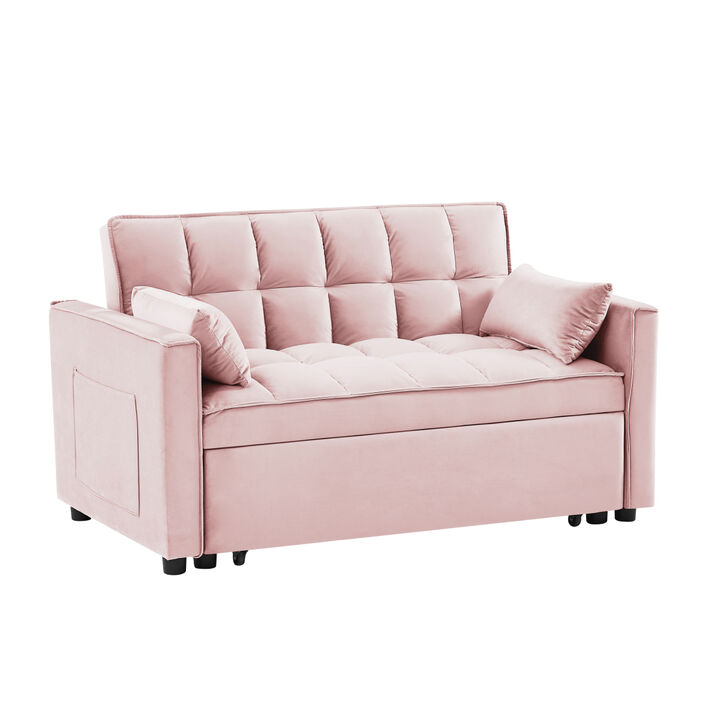 Modern Velvet Loveseat Futon Sofa Couch w/PUllout Bed, Small Love Seat Lounge Sofa w/Reclining Backrest, Toss Pillows, Pockets, Furniture for Living Room,3 in 1 Convertible Sleeper Sofa Bed, pink
