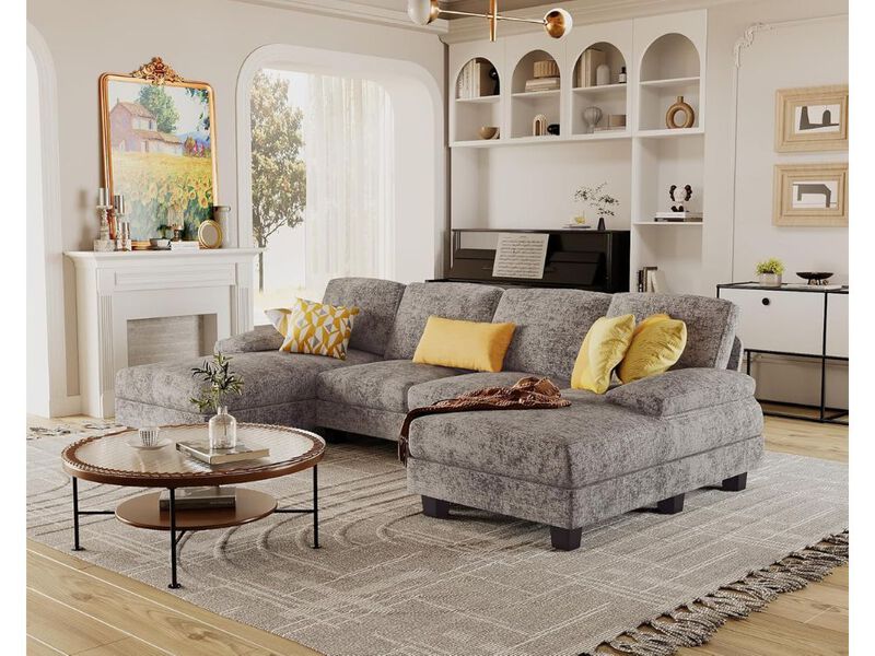 U Shaped Sectional Sofa Couch Grey Linen Fabric 4 Seat Double Chaise Living Room image number 1