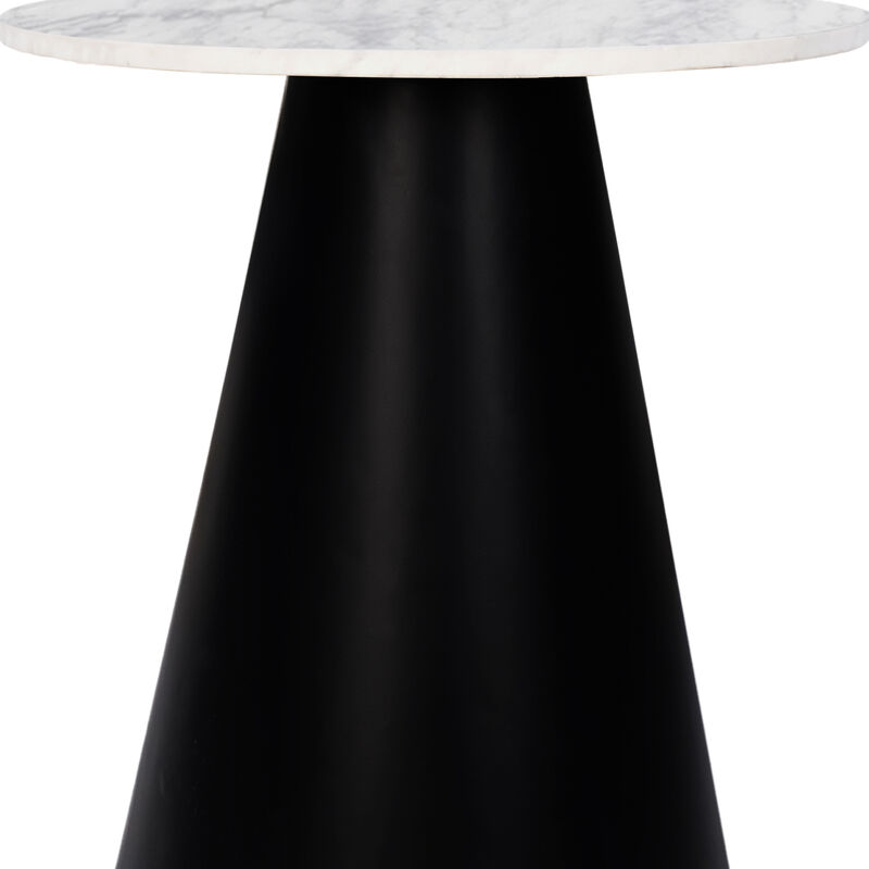 Riko Side End Table, White Natural Marble 18 Inch Round Top, Modern Black Pedestal Base