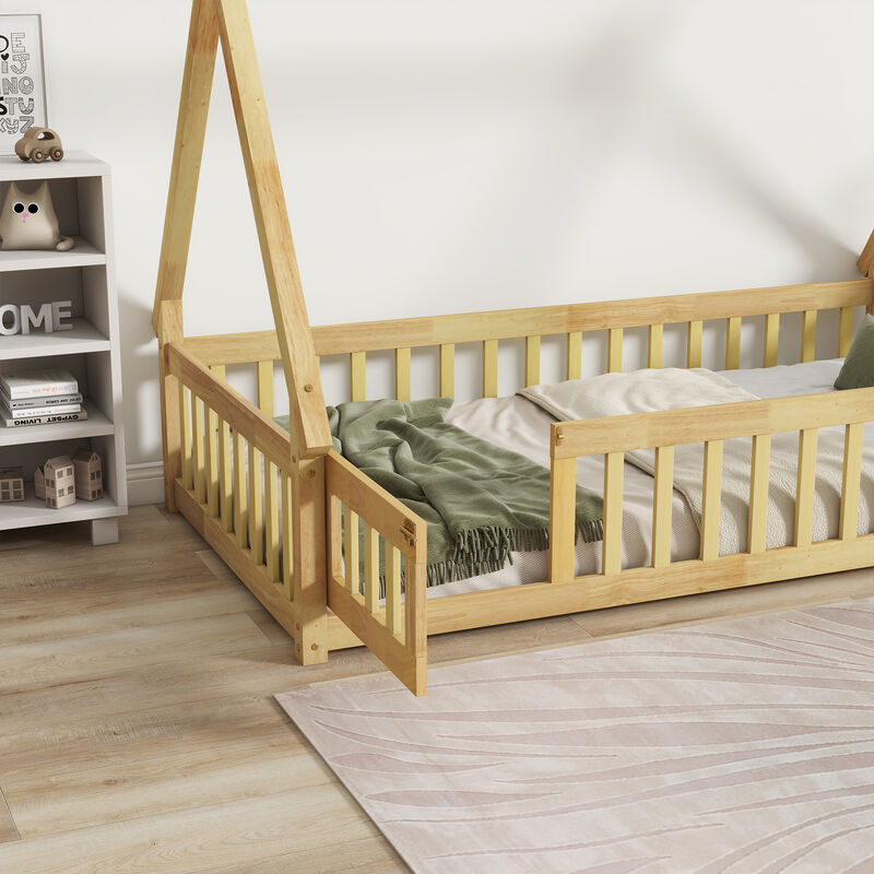 Whisen Wooden Teepee Tent Bed with Guardrails and Slats, Twin Floor Bed with Door for Kids image number 4