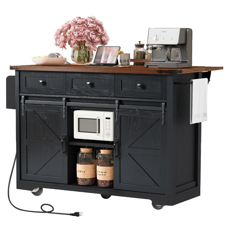 Farmhouse Kitchen Storage Island with Power Outlet, Drop Leaf & Barn Doors