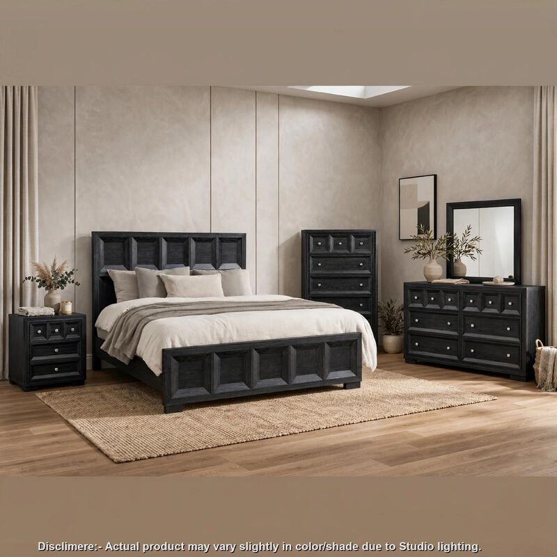 Kizie 5pc Queen Bedroom Set, Rustic Black, Chest, Mirror, Nightstand image number 1