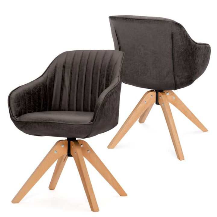 Hivago Modern Leathaire Set of 2 Swivel Accent Chair with Beech Wood Legs-Brown