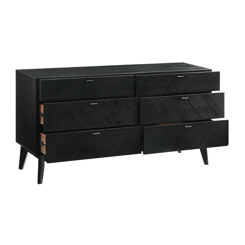 Saly 55 Inch Wide Dresser, 6 Drawer, Diagonal Wood Grain, Black Finish - Benzara
