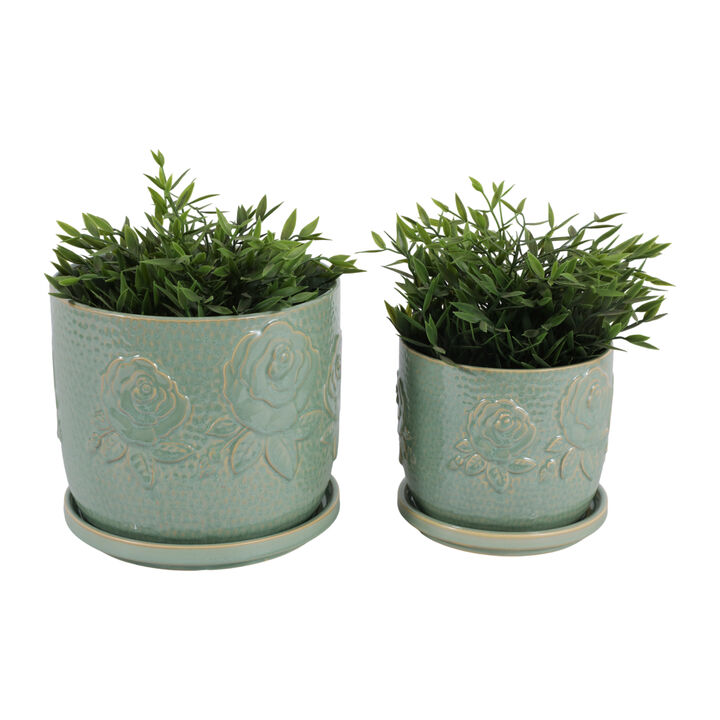 S/2 6/8" Rose Embossed Saucer Planters, Sage Green
