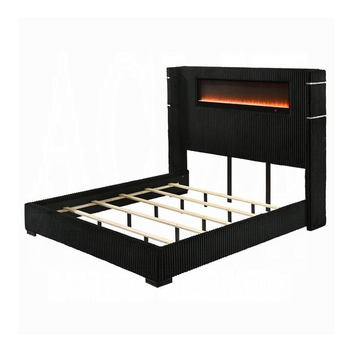 Nera Bed with LED Fireplace Headboard, Corduroy Upholstery
