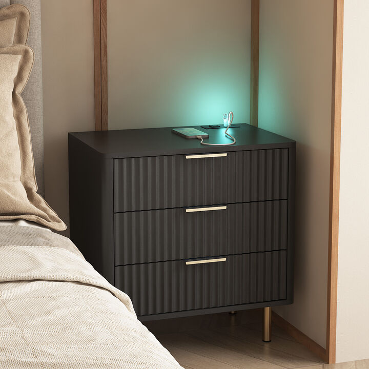 Assembled Nightstand with Charging Station Voice Light USB Storage Cabinet